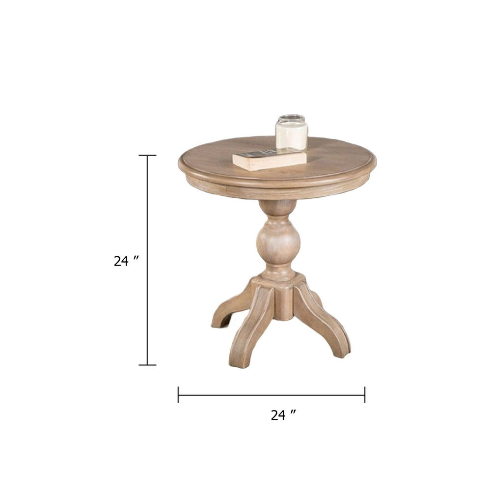Benjara Cherie Round End Table, Light White Washed Solid Rubberwood, 24 Inch