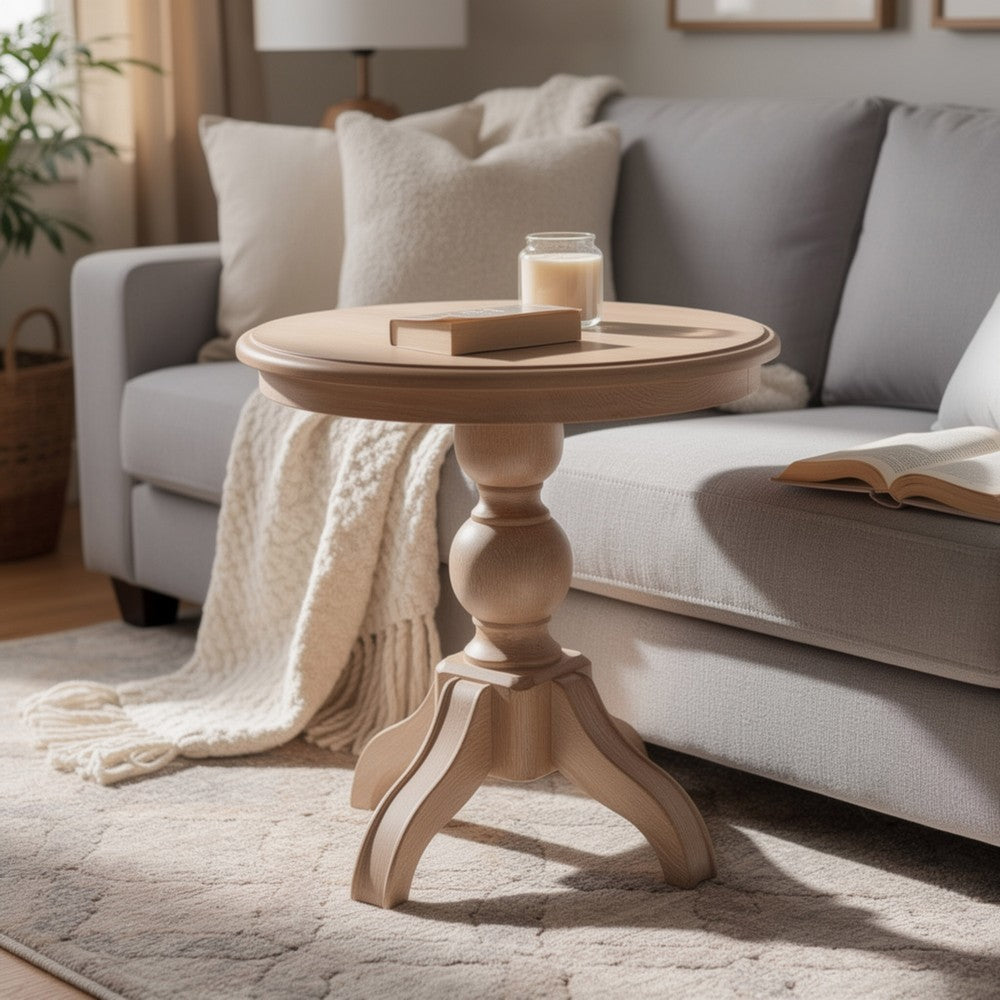 Benjara Cherie Round End Table, Light White Washed Solid Rubberwood, 24 Inch