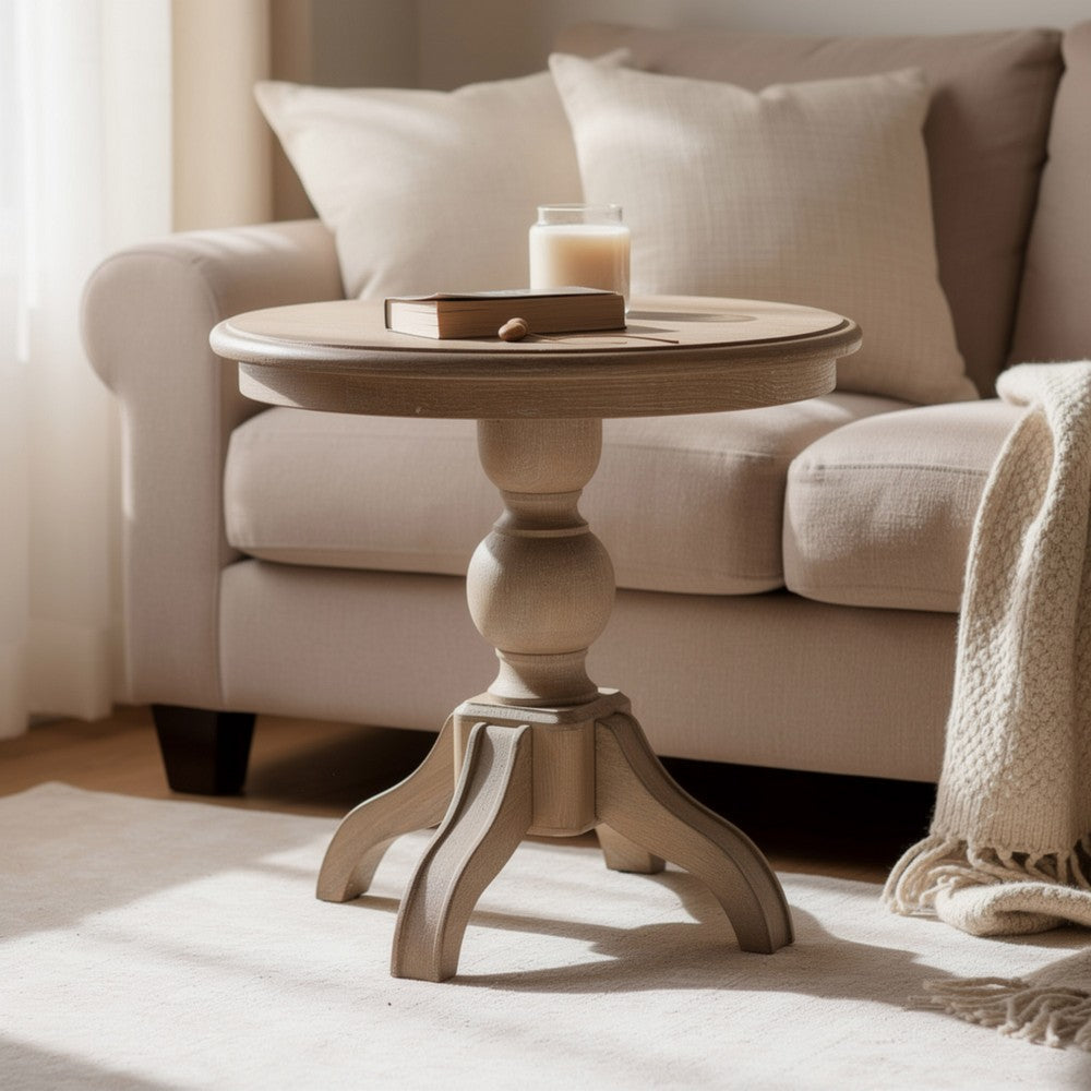 Benjara Cherie Round End Table, Light White Washed Solid Rubberwood, 24 Inch