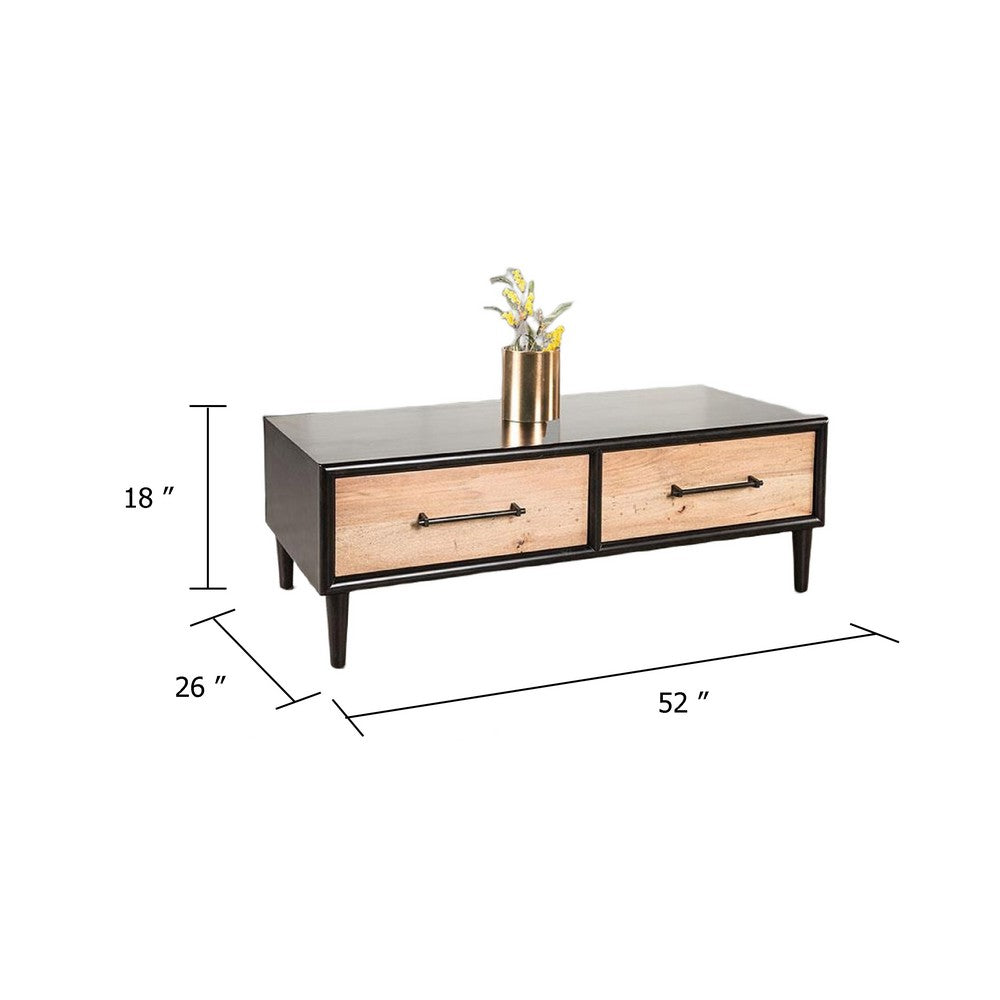 Benjara Lucas Coffee Table, 2 Drawers, Brown, Black Solid Rubberwood, 52 Inch