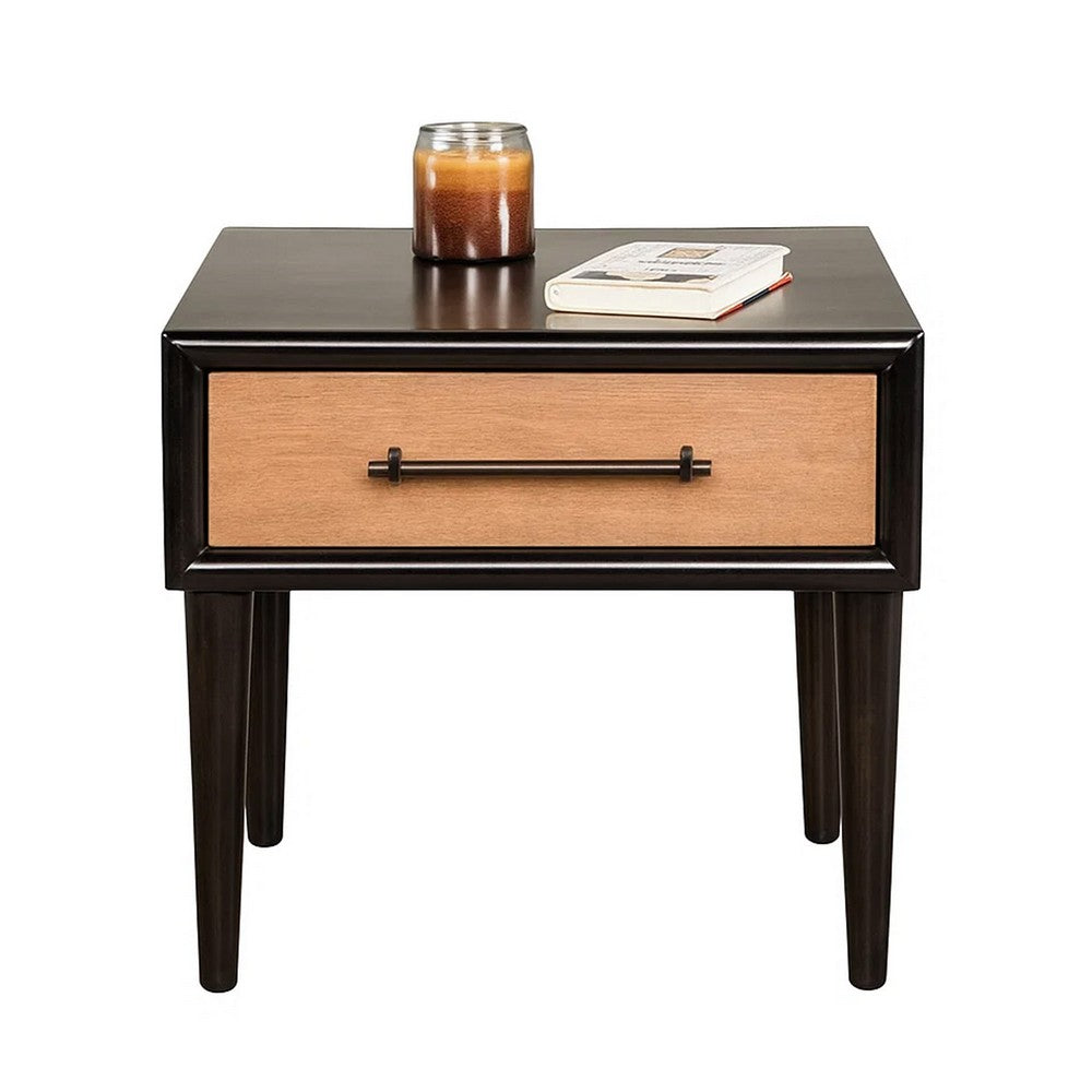Benjara Lucas Side End Table, 1 Drawer, Brown, Black Solid Rubberwood, 24 Inch