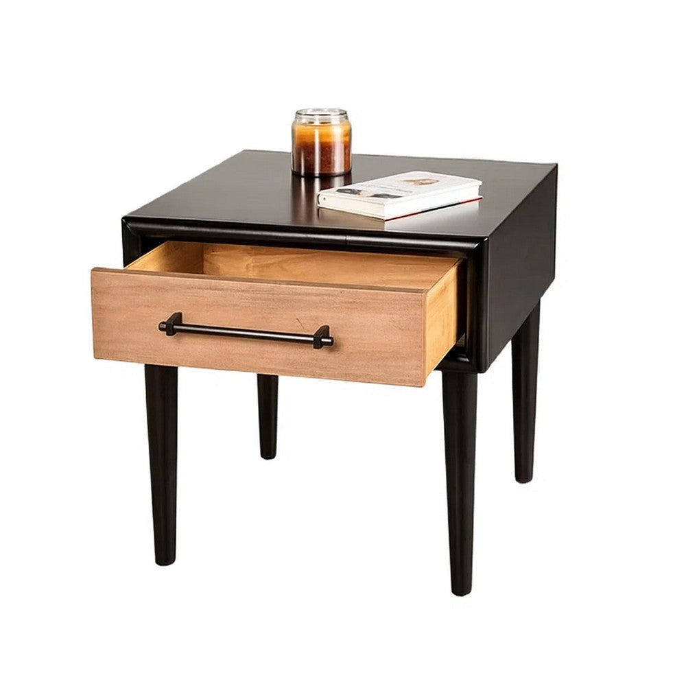 Benjara Lucas Side End Table, 1 Drawer, Brown, Black Solid Rubberwood, 24 Inch