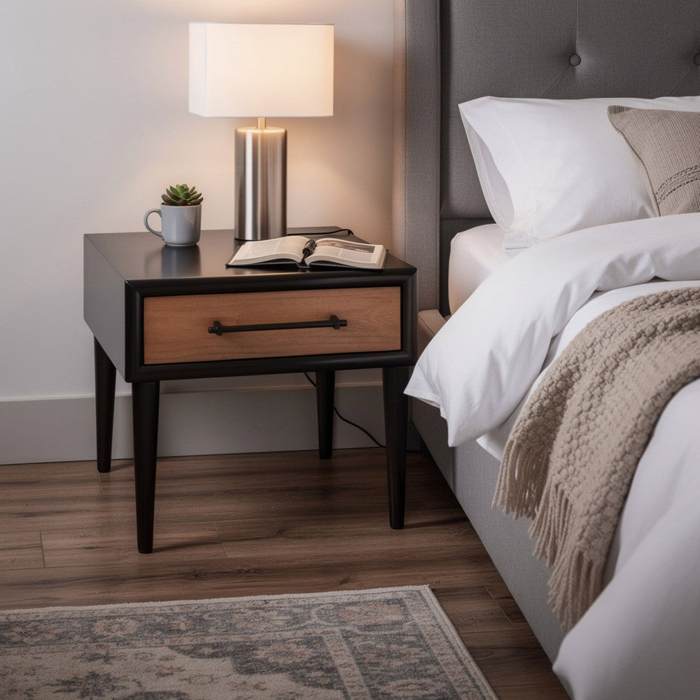 Benjara Lucas Side End Table, 1 Drawer, Brown, Black Solid Rubberwood, 24 Inch