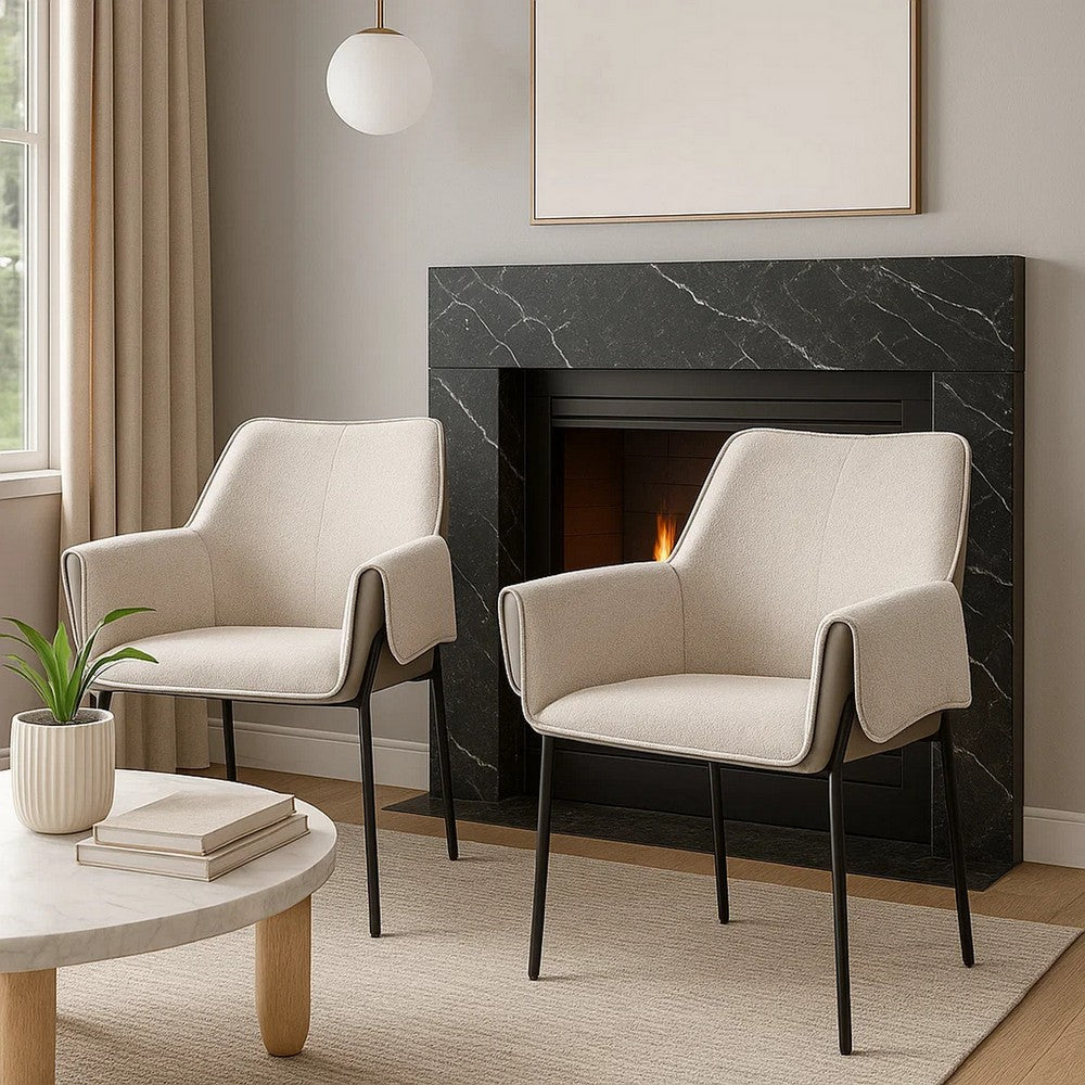 Benjara Jory Armchair Set of 2, Beige Chenille, Slim Black Metal Legs