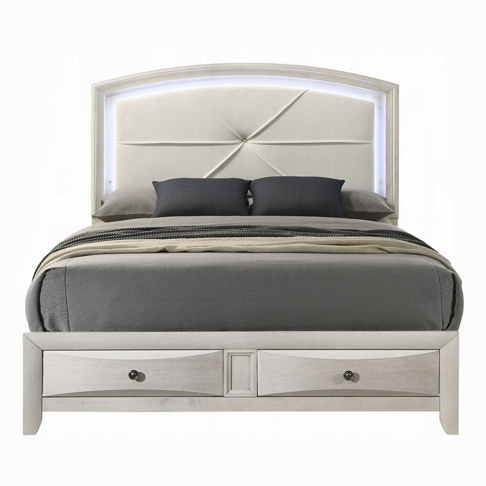 Benjara Remy Queen Size Bed with LED Headboard, 2 Bottom Drawers, Antique White