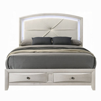 Benjara Remy Queen Size Bed with LED Headboard, 2 Bottom Drawers, Antique White