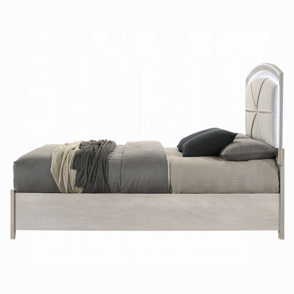 Benjara Remy Queen Size Bed with LED Headboard, 2 Bottom Drawers, Antique White
