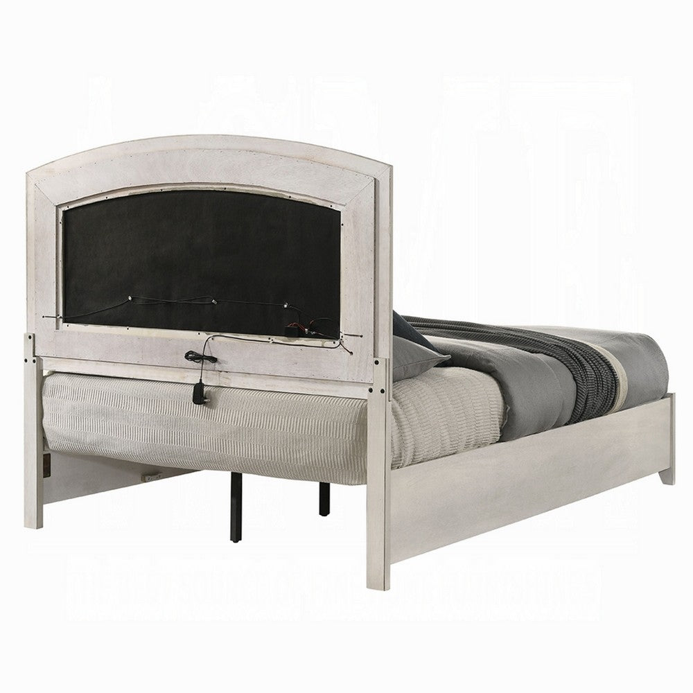 Benjara Remy Queen Size Bed with LED Headboard, 2 Bottom Drawers, Antique White
