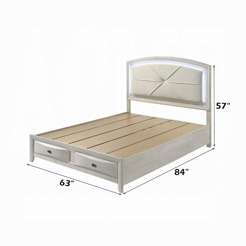 Benjara Remy Queen Size Bed with LED Headboard, 2 Bottom Drawers, Antique White
