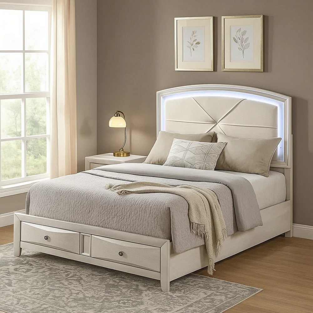Benjara Remy Queen Size Bed with LED Headboard, 2 Bottom Drawers, Antique White