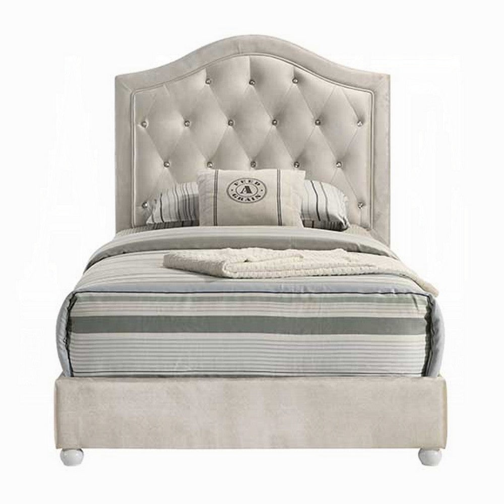 Benjara Rex Twin Size Bed with Storage And Beige Button Tufted Arched Headboard