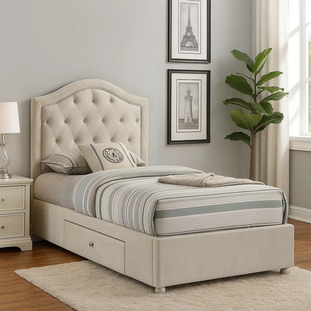 Benjara Rex Twin Size Bed with Storage And Beige Button Tufted Arched Headboard