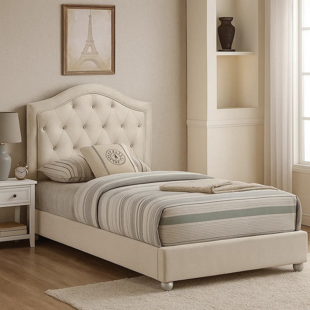 Benjara Rex Twin Size Bed with Storage And Beige Button Tufted Arched Headboard
