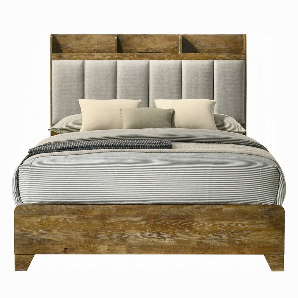 Benjara Gary Queen Size Bed with Tufted Headboard And USB Ports, Aspen Brown Wood