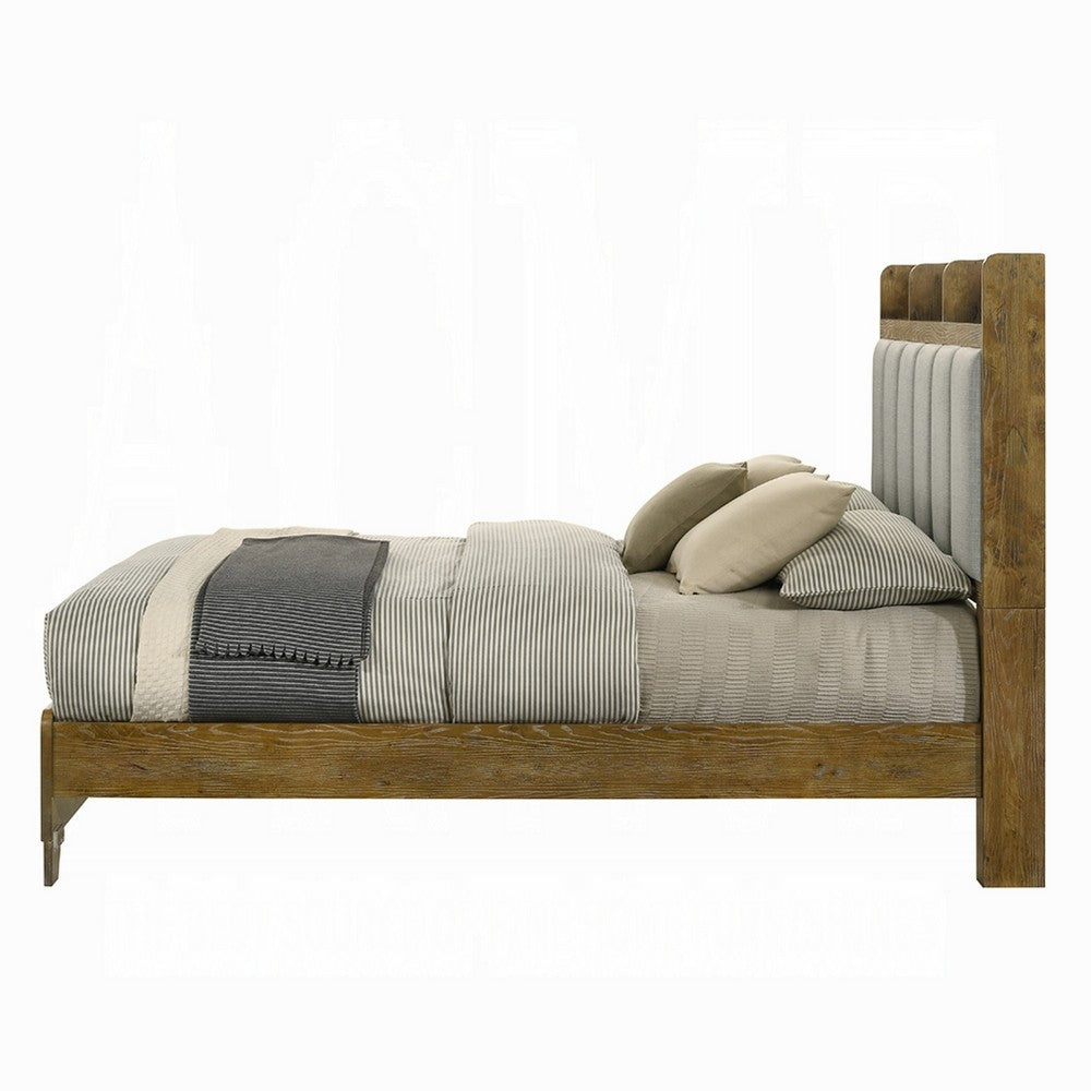 Benjara Gary Queen Size Bed with Tufted Headboard And USB Ports, Aspen Brown Wood