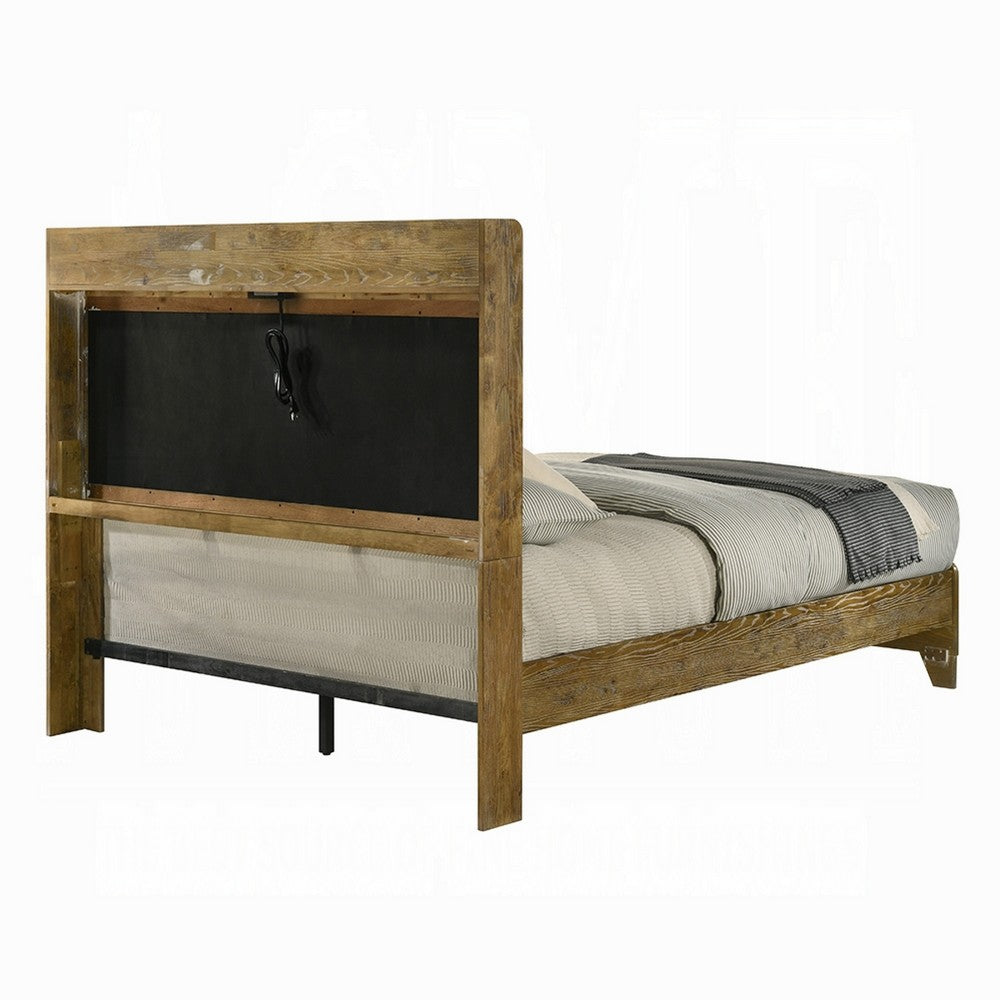 Benjara Gary Queen Size Bed with Tufted Headboard And USB Ports, Aspen Brown Wood