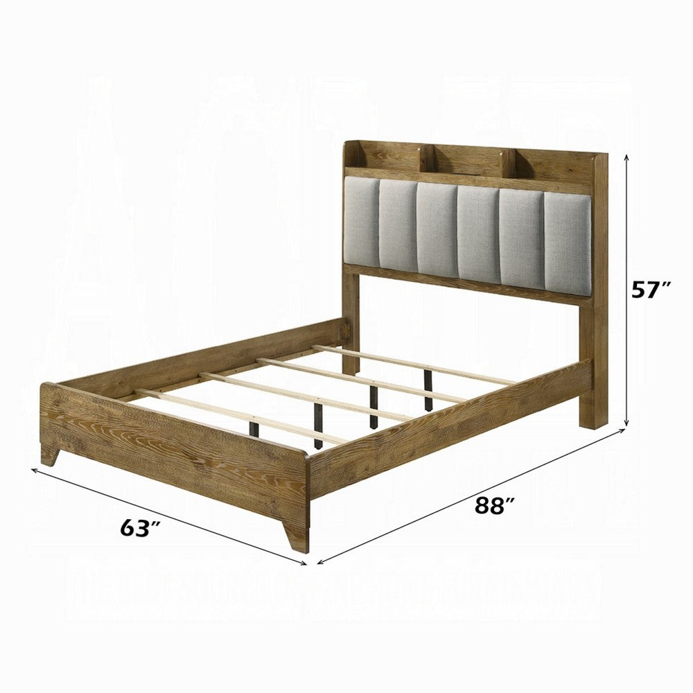 Benjara Gary Queen Size Bed with Tufted Headboard And USB Ports, Aspen Brown Wood