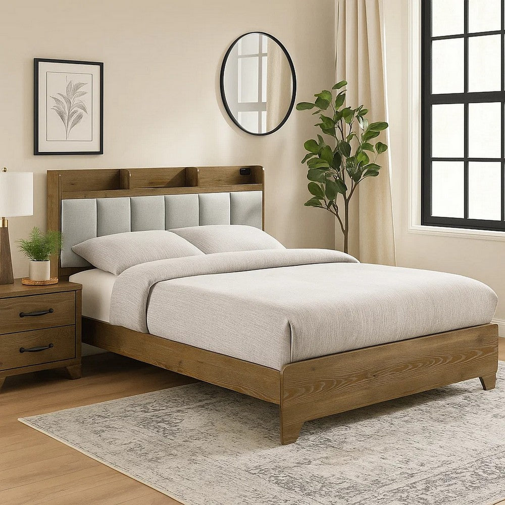 Benjara Gary Queen Size Bed with Tufted Headboard And USB Ports, Aspen Brown Wood