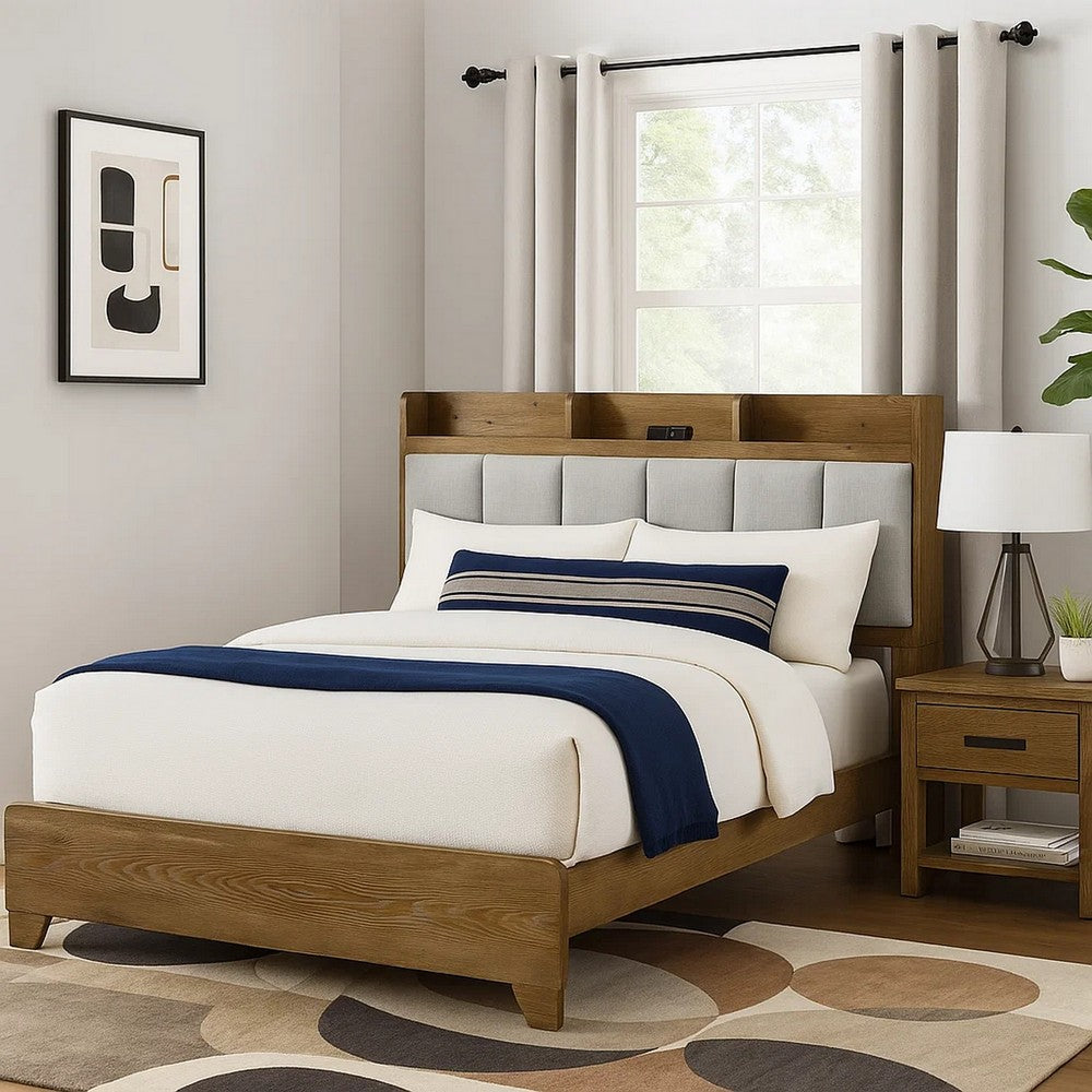 Benjara Gary Queen Size Bed with Tufted Headboard And USB Ports, Aspen Brown Wood