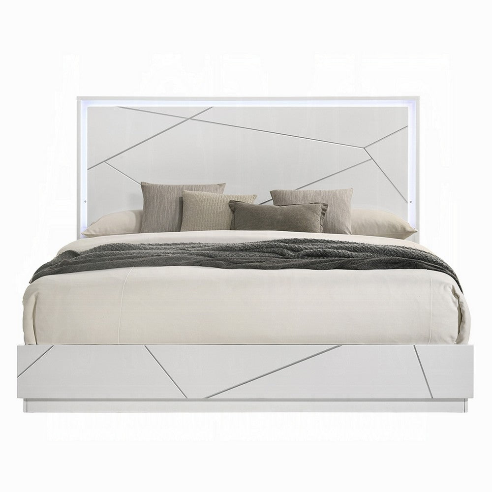 Benjara Esy Queen Size Storage Bed with LED Headboard, USB Ports, White And Silver