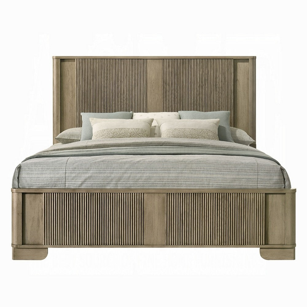 Benjara Leky Queen Bed, LED Headboard, Fluted Patterns, Antique Oak Brown Wood