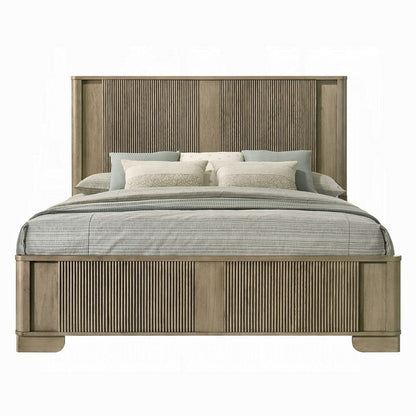 Benjara Leky Queen Bed, LED Headboard, Fluted Patterns, Antique Oak Brown Wood