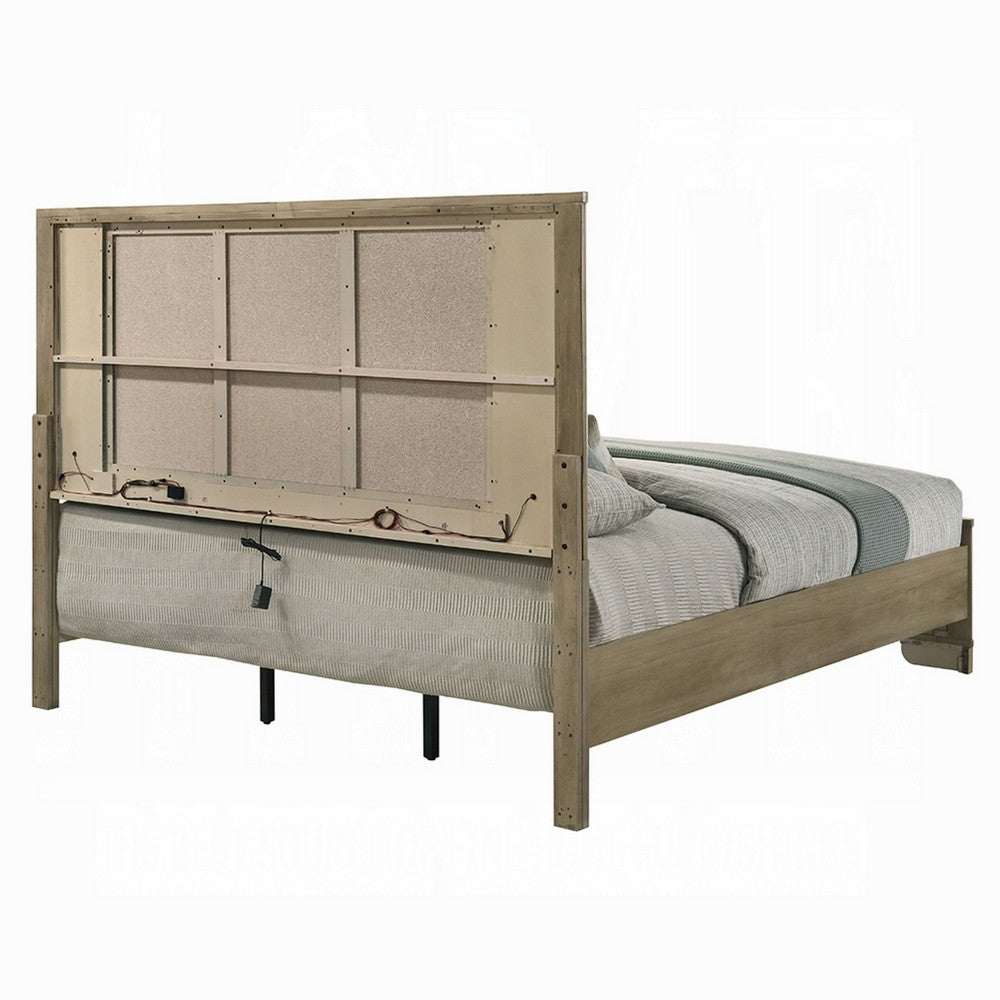 Benjara Leky Queen Bed, LED Headboard, Fluted Patterns, Antique Oak Brown Wood