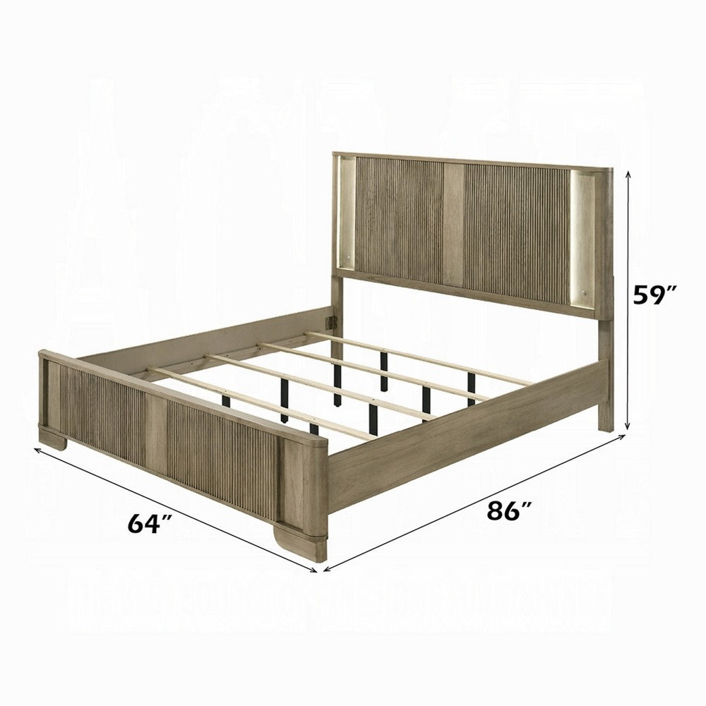 Benjara Leky Queen Bed, LED Headboard, Fluted Patterns, Antique Oak Brown Wood