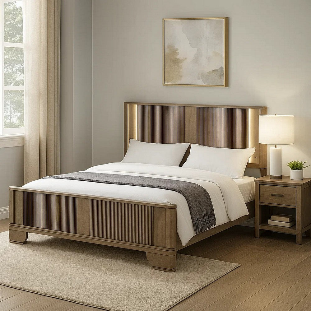 Benjara Leky Queen Bed, LED Headboard, Fluted Patterns, Antique Oak Brown Wood