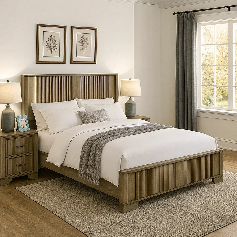 Benjara Leky Queen Bed, LED Headboard, Fluted Patterns, Antique Oak Brown Wood