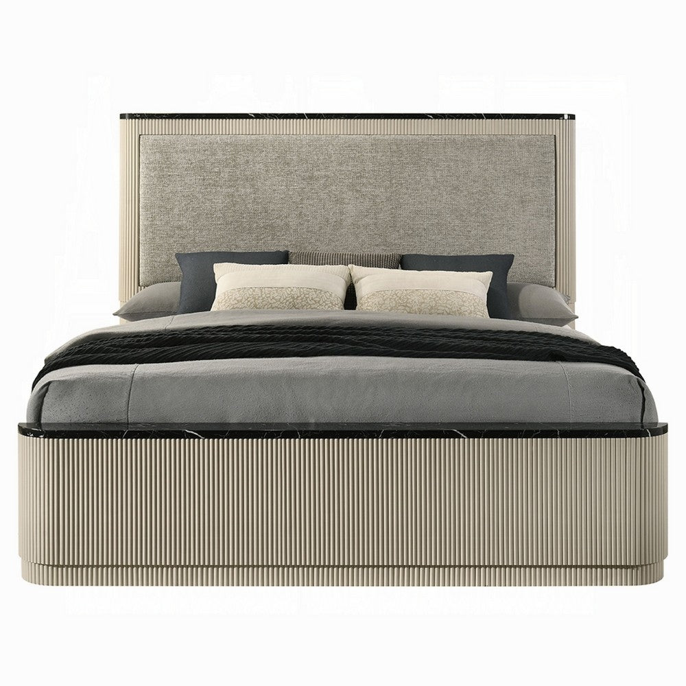 Benjara Trex Queen Bed, Gray Linen Upholstery, Marble Print Tops, Fluted Beige Wood