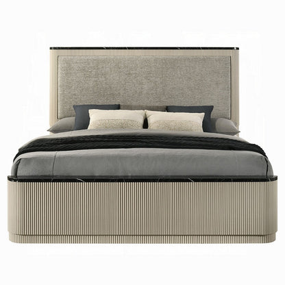 Benjara Trex Queen Bed, Gray Linen Upholstery, Marble Print Tops, Fluted Beige Wood