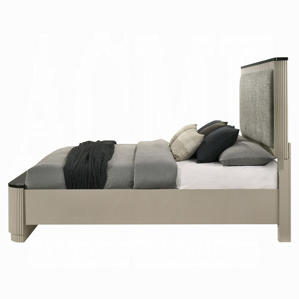 Benjara Trex Queen Bed, Gray Linen Upholstery, Marble Print Tops, Fluted Beige Wood