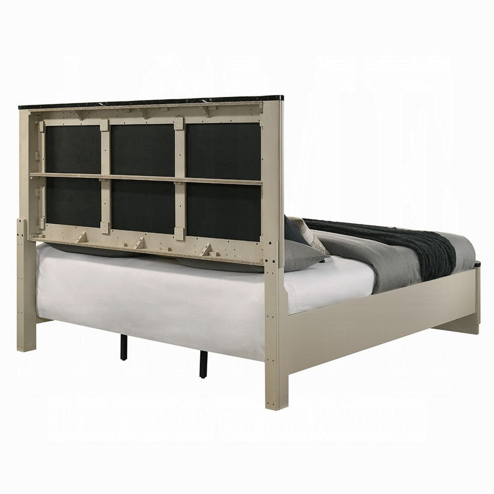 Benjara Trex Queen Bed, Gray Linen Upholstery, Marble Print Tops, Fluted Beige Wood