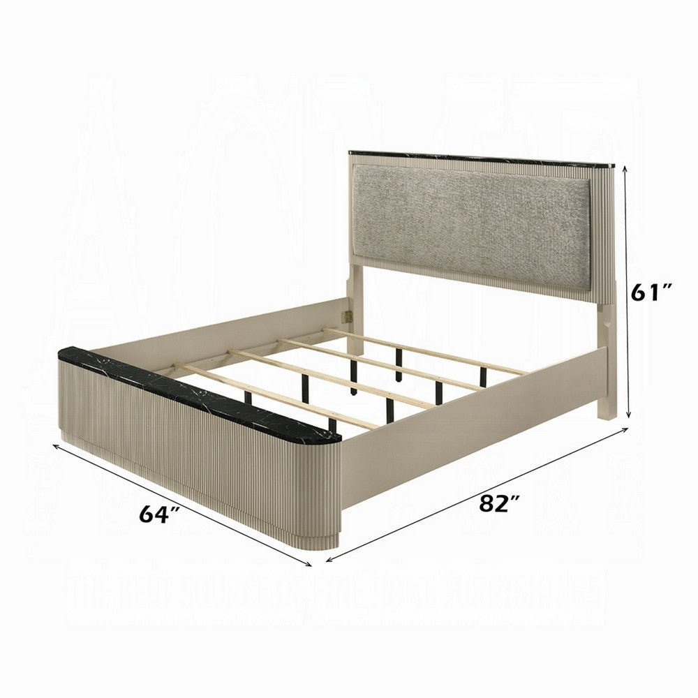 Benjara Trex Queen Bed, Gray Linen Upholstery, Marble Print Tops, Fluted Beige Wood