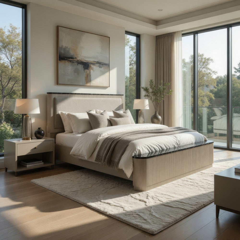 Benjara Trex Queen Bed, Gray Linen Upholstery, Marble Print Tops, Fluted Beige Wood