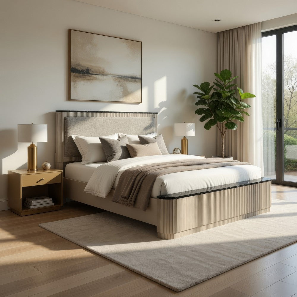 Benjara Trex Queen Bed, Gray Linen Upholstery, Marble Print Tops, Fluted Beige Wood
