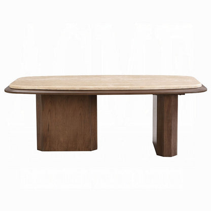 Benjara Pery Coffee Table, 51 Inch Beige Travertine Stone Top, Walnut Brown