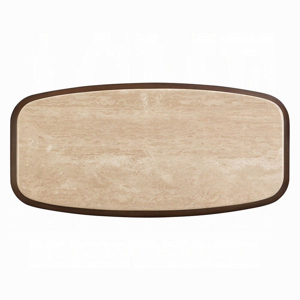 Benjara Pery Coffee Table, 51 Inch Beige Travertine Stone Top, Walnut Brown