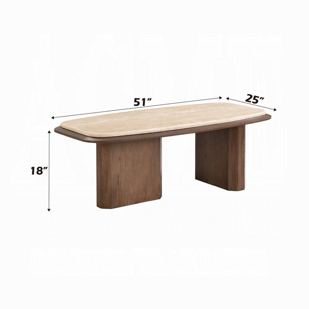 Benjara Pery Coffee Table, 51 Inch Beige Travertine Stone Top, Walnut Brown