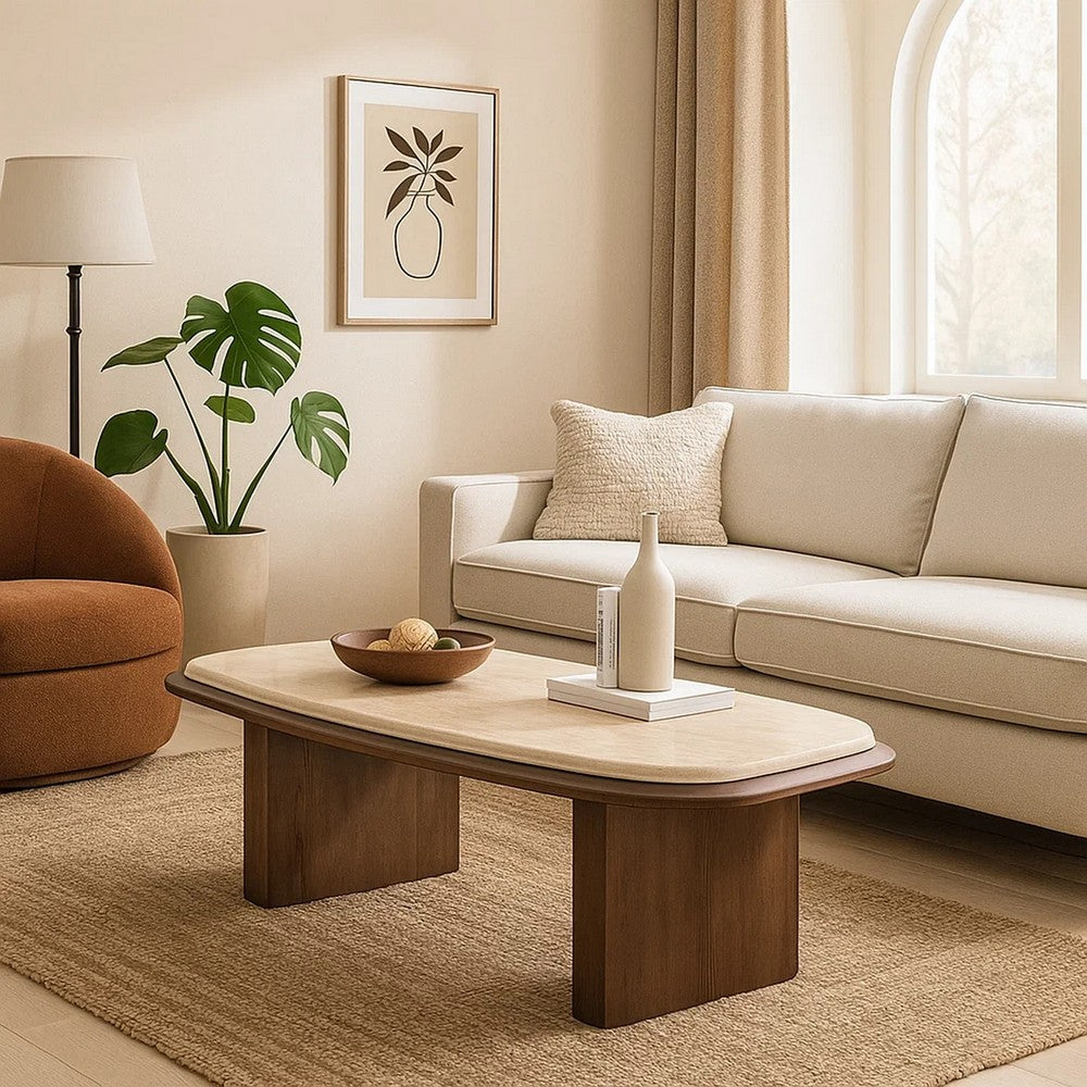 Benjara Pery Coffee Table, 51 Inch Beige Travertine Stone Top, Walnut Brown
