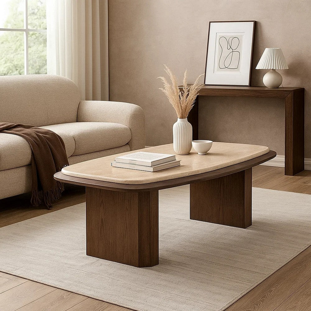 Benjara Pery Coffee Table, 51 Inch Beige Travertine Stone Top, Walnut Brown