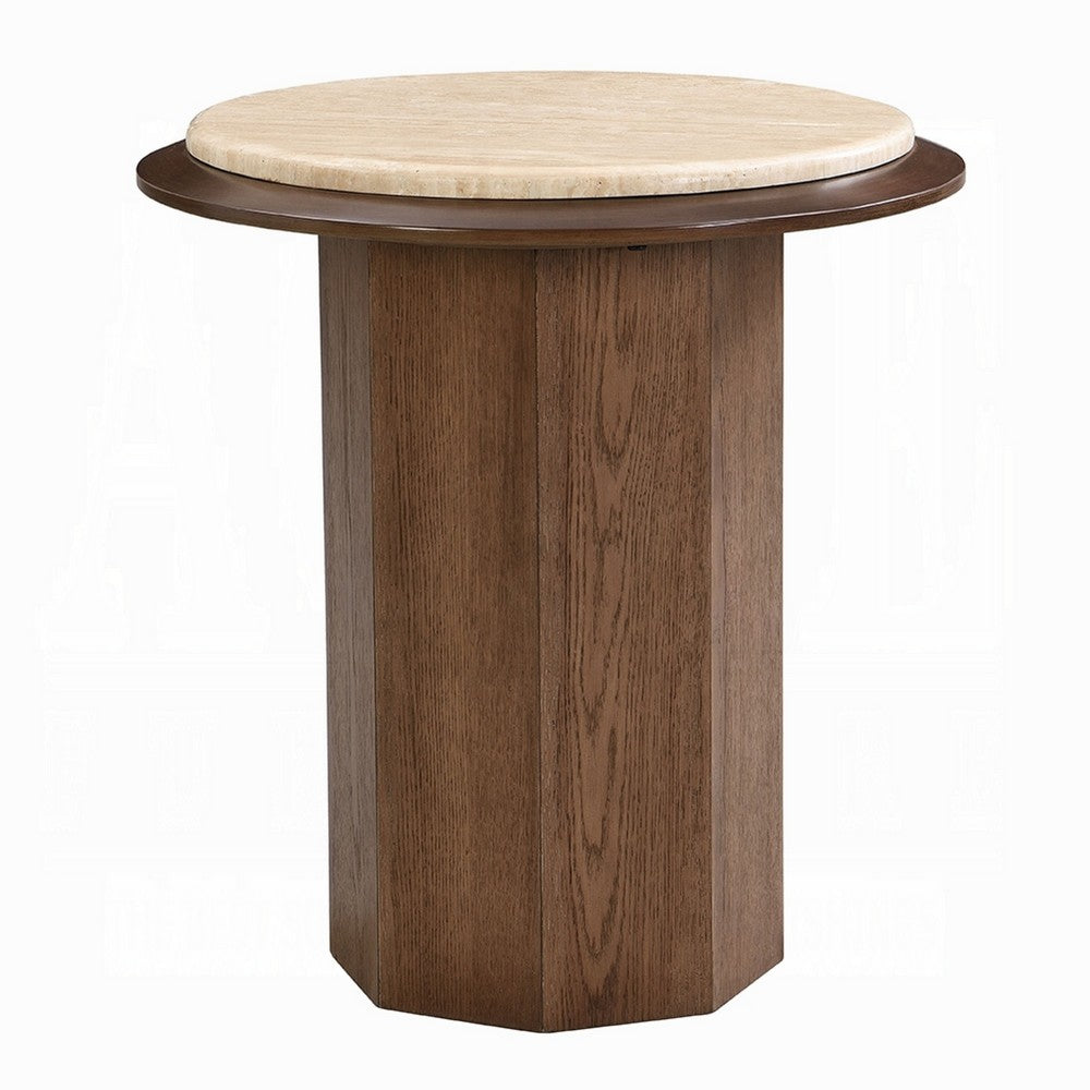 Benjara Pery Side End Table, 22 Inch Beige Travertine Stone Top, Walnut Brown