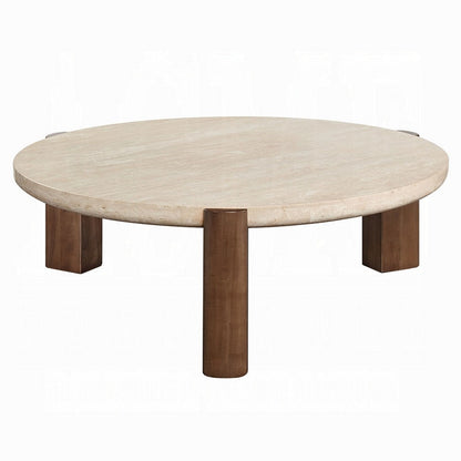 Benjara Hery Coffee Table, 40 Inch Round Beige Travertine Stone Top, Oak Brown