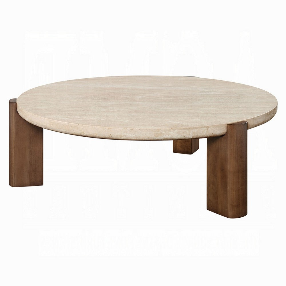 Benjara Hery Coffee Table, 40 Inch Round Beige Travertine Stone Top, Oak Brown