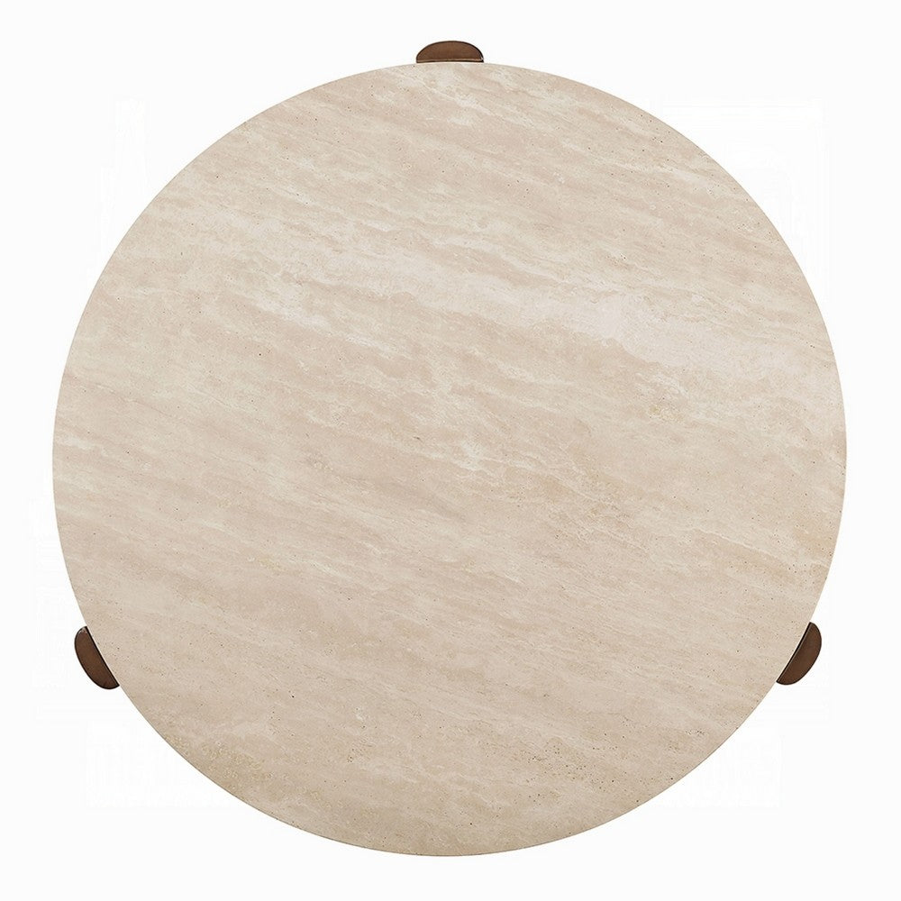 Benjara Hery Coffee Table, 40 Inch Round Beige Travertine Stone Top, Oak Brown