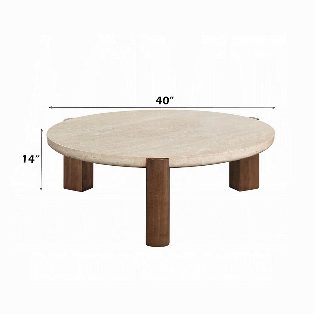 Benjara Hery Coffee Table, 40 Inch Round Beige Travertine Stone Top, Oak Brown