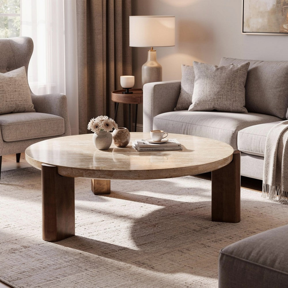 Benjara Hery Coffee Table, 40 Inch Round Beige Travertine Stone Top, Oak Brown