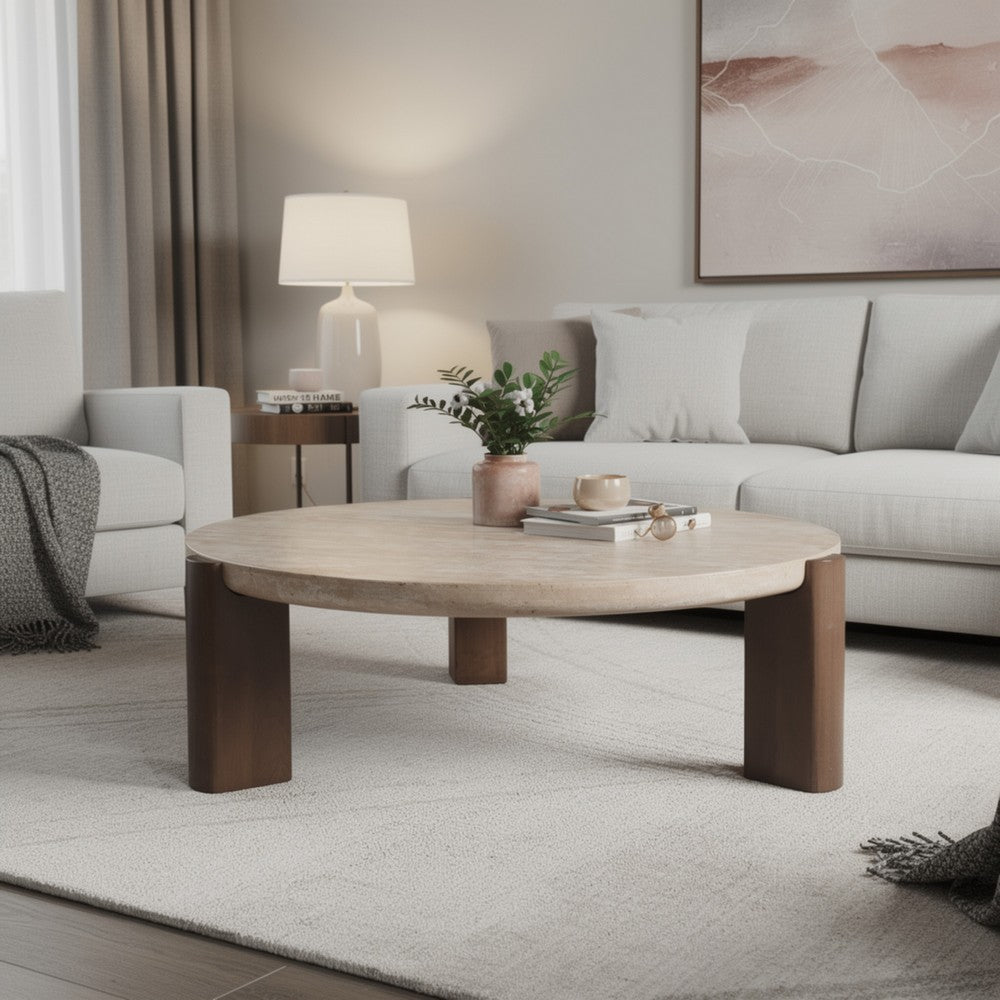 Benjara Hery Coffee Table, 40 Inch Round Beige Travertine Stone Top, Oak Brown