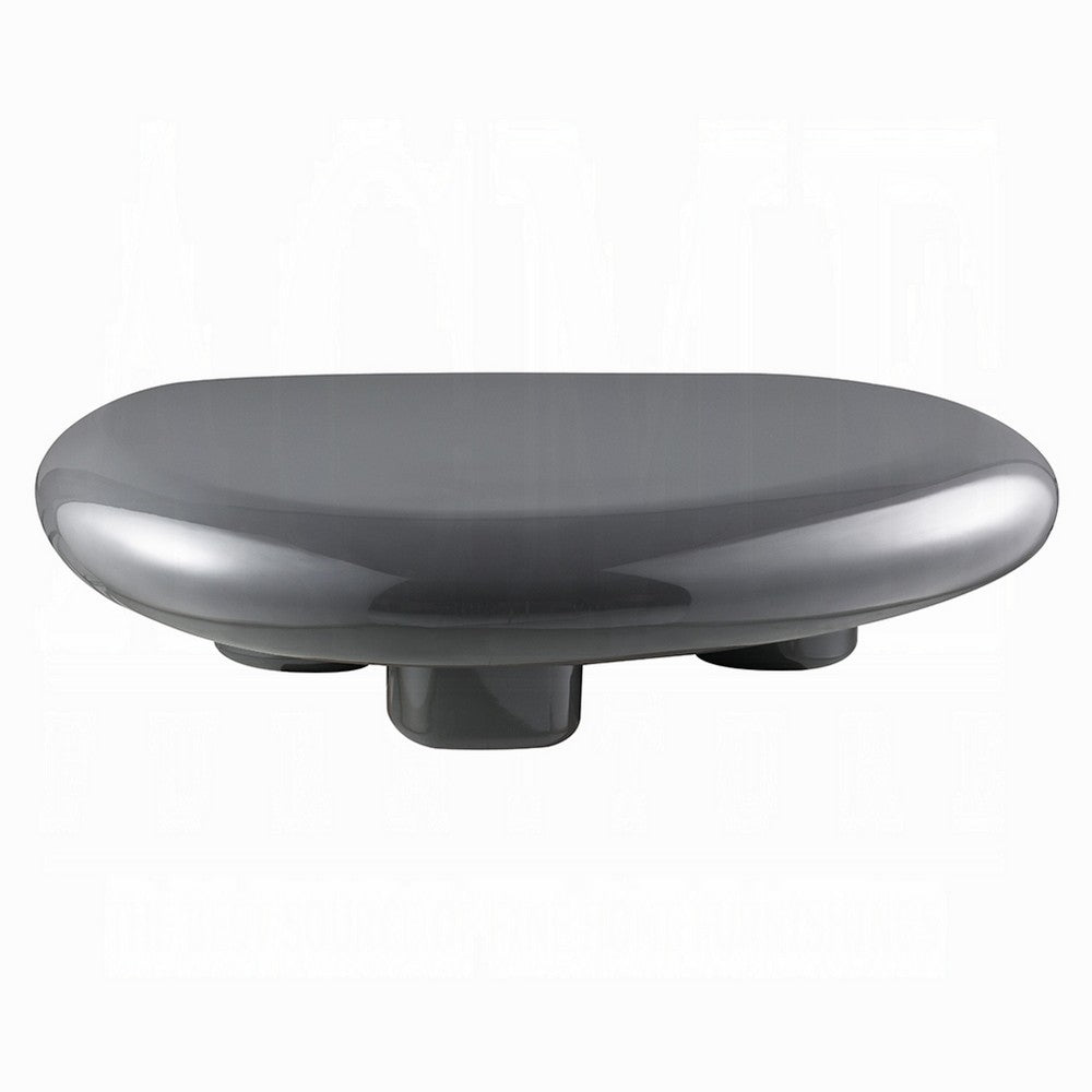 Benjara Fory Coffee Table, 46 Inch Oval Top with Low Metal Base, High Gloss Gray